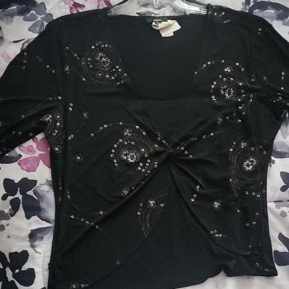 BCX Black and Pink Tie Front 3/4 Sleeve Blouse